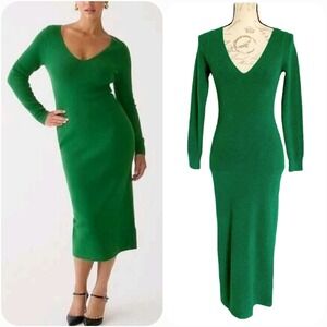 J. Crew Ribbed Knit Sweater Midi Dress XS Kelly Green Long Sleeve V Neck Preppy